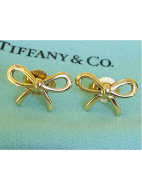 Tiffany & Co. 18k Yellow Gold Bow Ribbon Stud Earrings Au 750